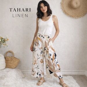 Tahari 100% Linen Wide Leg Pants Neutral Abstract Print Pull-On Size Small